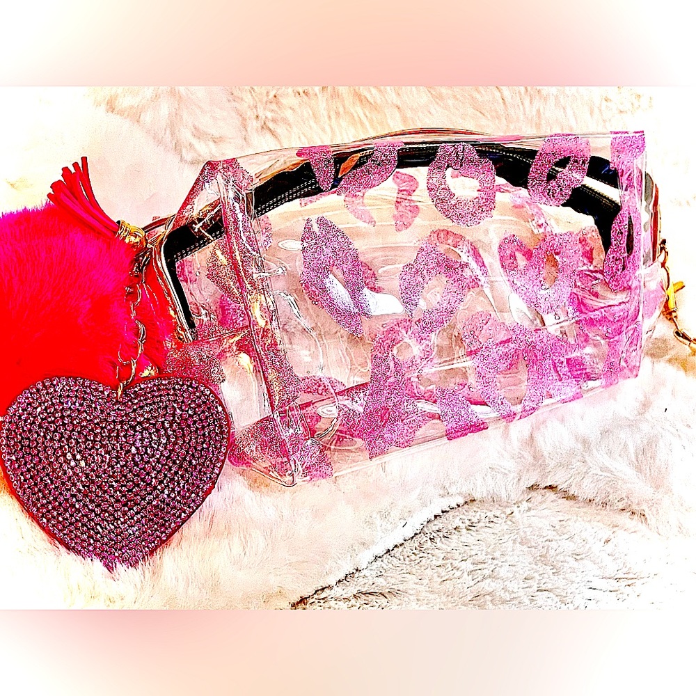 Pink Kiss Clear Cosmetic Bag with furry charm